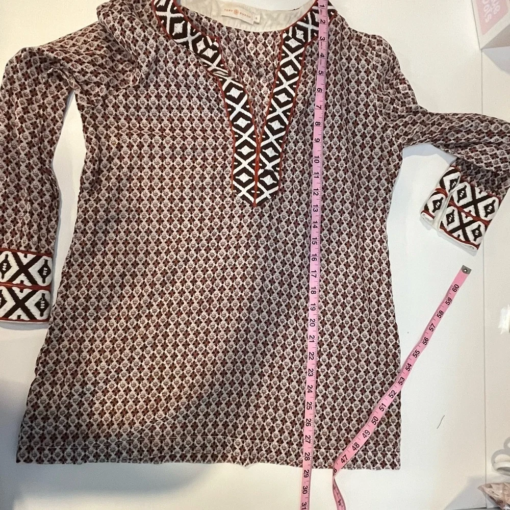 Tory Burch VGUC Printed Cotton Tunic Brown Ivory Size 10 Boho Resort
